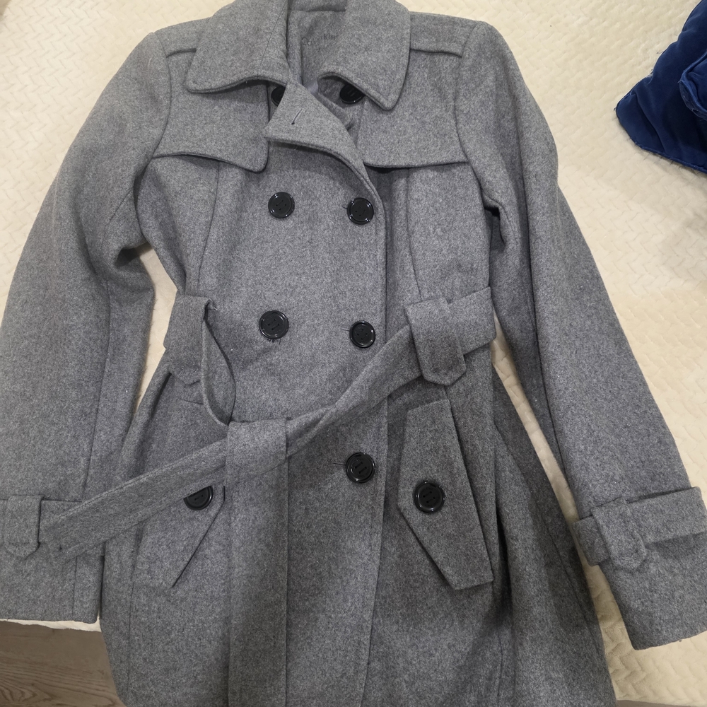 Calvin Klein Gray Trench Coat with Black Buttons